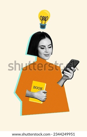 Vertical collage of black white colors girl hand hold smart phone book light bulb above head isolated on beige creative background