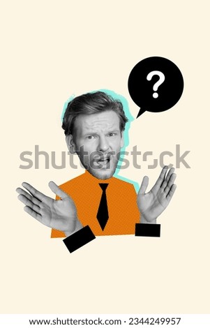 Vertical 3d collage image of clueless black white effect big head man question mark mind bubble arms isolated on beige background Royalty-Free Stock Photo #2344249957