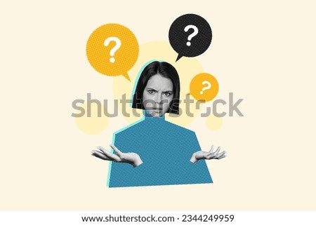 Composite collage image of confused black white effect girl question mark mind bubble isolated on painted background Royalty-Free Stock Photo #2344249959