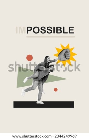 Vertical collage image of two black white effect partners piggyback raise huge fist impossible is nothing isolated on painted background