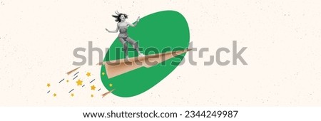 Collage artwork graphics picture of carefree lady flying paper plane isolated painting background Royalty-Free Stock Photo #2344249987