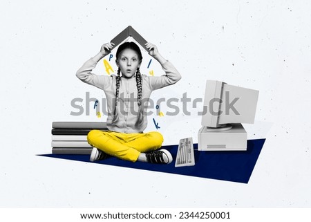 Creative composite photo collage of funny small schoolgirl sit near computer hold book over head isolated on white color background Royalty-Free Stock Photo #2344250001
