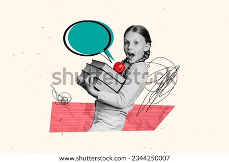 Creative abstract composite photo collage of astonished impressed schoolgirl hold book from library isolated on drawing background