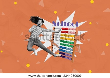 Magazine collage picture of smiling excited little schoolkid learning abacus math isolated orange color background