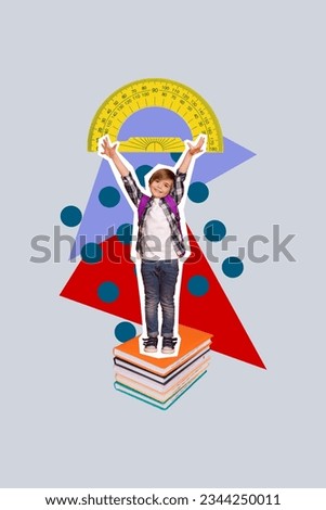 Abstract template graphics collage image of happy excited little schoolkid rising ruler measuring scale isolated grey color background