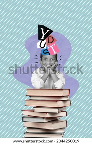 Advert poster banner collage of smart little boy with full knowledge head after reaing pile stack book