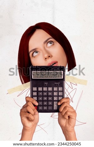 Creative drawing collage picture of irritated face female hold calculator bankruptcy money crisis debt loan recession