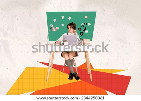 Artwork collage picture of happy intelligent girl use netbook write notebook desk table lamp pile stack book blackboard isolated on paper background