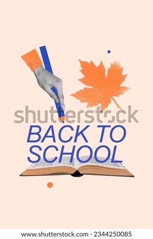 Vertical collage image of black white effect arm hold pencil opened book back to school painted maple leaf isolated on beige background