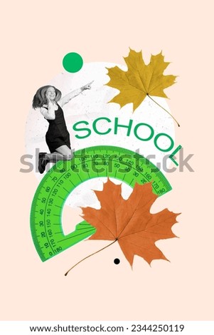 Vertical collage picture of excited black white colors mini girl jumping point finger big fallen maple leaf protractor isolated on beige background