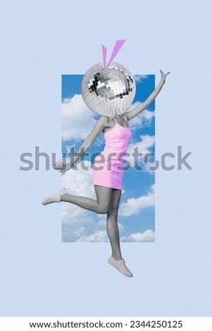 Vertical collage sketch of charming faceless girl discoball instead face jump um clouds summer vacation vibe isolated on blue background