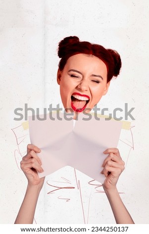 3d retro abstract creative artwork template collage of cheerful funny female screaming head hands hold tear paper sheet shouting