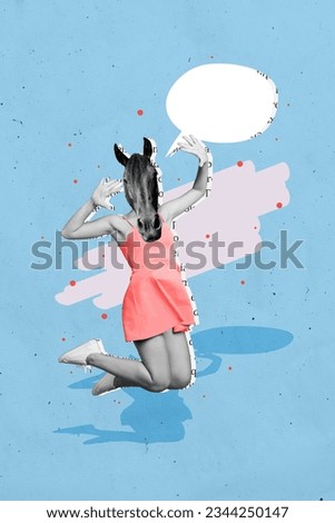 Vertical collage picture of excited black white colors girl horse head jumping rejoice dialogue bubble isolated on blue background