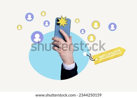 Collage image of blogger influencer arm hold smart phone make photo user icons instagram twitter facebook isolated on creative background