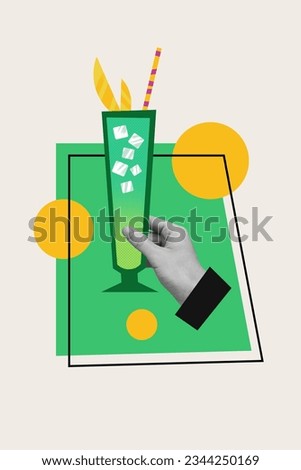 Vertical collage image of black white effect arm hold green alcohol cocktail glass shot isolated on painted background