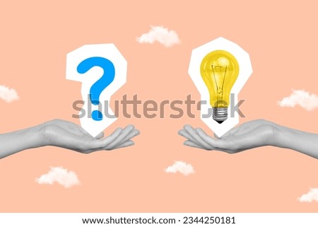 Poster banner collage magazine of two human arms hold lamb question mark choice dilemma solution answer isolated on drawing background Royalty-Free Stock Photo #2344250181