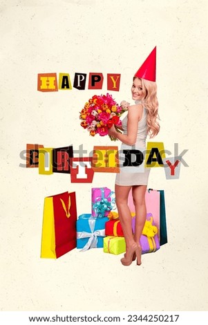 Vertical photo billboard collage of young blonde curls lady holding bouquet fresh tulips happy birthday gifts isolated on beige background