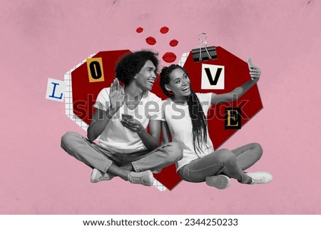 Collage photo banner love story bonding wife husband together selfie shooting cadre heart shape friendly isolated on pink color background
