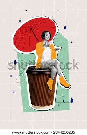 Vertical collage picture of mini black white colors peaceful girl sit huge coffee cup enjoy fresh aroma smell umbrella protect rain