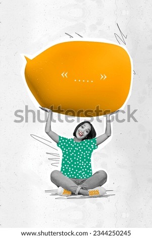 Vertical collage picture of excited black white colors girl arms hold above head big quote dialogue bubble isolated on painted background