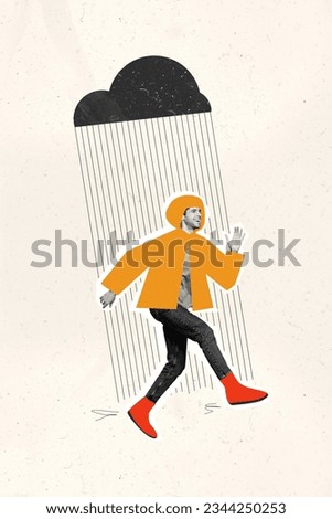 Vertical photo collage of cheerful guy wear water resistant coat walking outdoors in rainy weather isolated creative painted background