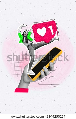 Vertical collage image of black white effect arm hold smart phone display mini girl dancing big like notification isolated on painted background
