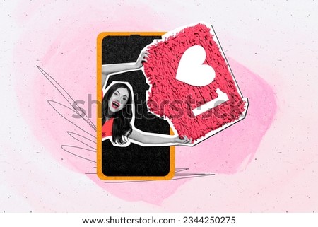 Creative composite abstract photo collage of happy excited girl hold like icon in smartphone touchscreen isolated on drawing background