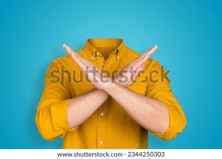 Photo collage of weird bizarre freak strange man showing stop gesture crossed hands isolated on blue color background Royalty-Free Stock Photo #2344250303