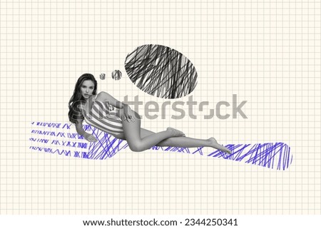 Creative poster collage of beach summertime gorgeous female swimsuit depressed stress thinking minded