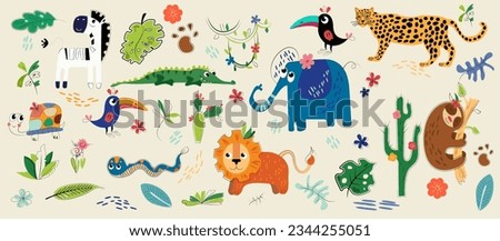 Set of animals Zebra, pelican, turtle, snake, cactus, crocodile, sloth, elephant, leopard, cactus, liana  objects and textures. Hand-drawn art for poster, card or background. Isolated flat vector