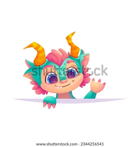 Baby fire dragon or dinosaur waving and smiling. Cute character isolated on white background. Vector fairytale monster illustration for banner, postcard.