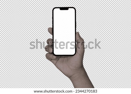 modern frameless design, Hand holding smart phone Mockup and screen Transparent and Clipping Path isolated for Infographic Business web site design app, holding smartphone.
