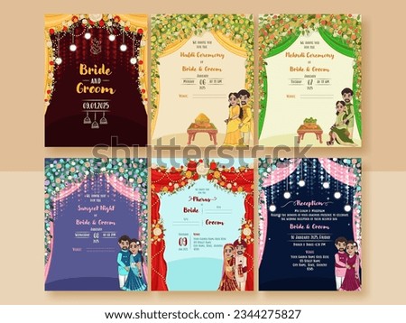 Indian Floral Wedding Invitation Card Like as Haldi, Mehndi, Sangeet, Pheras and Reception Ceremony Template. Royalty-Free Stock Photo #2344275827