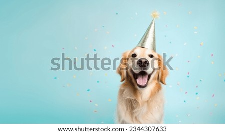 Happy golden retriever dog wearing a party hat celebrating at a birthday party with falling confetti