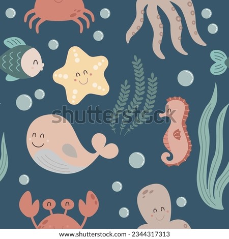 Under the sea seamless pattern, underwater world pattern, kids illustration, marine life, sea ​​creatures
