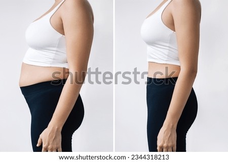 Two shots of a woman in profile with a belly with excess fat and toned slim stomach before and after losing weight on gray background. Result of diet, liposuction, training. Getting rid of overweight Royalty-Free Stock Photo #2344318213