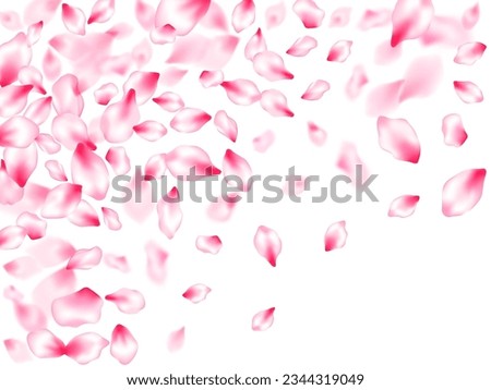 Japanese cherry blossom pink flying petals windy blowing background. Park graphic elements. Flower blossom particles, petals rain shower. Isolated flower parts wedding decoration vector.