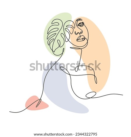 one line art of abstract woman face with monstera leaf, wall decoration vector illustration design.can be used for wall art, print, cover design, poster illustration, card, t-shirt print, etc