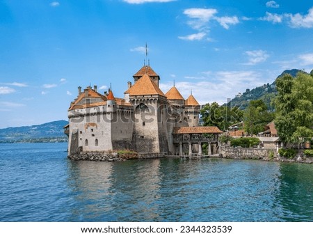 Chillon Castle on Lake Geneva.  Montreux, Switzerland. Royalty-Free Stock Photo #2344323539