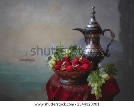 Still life with a vase of Tibetan raspberries and grapes