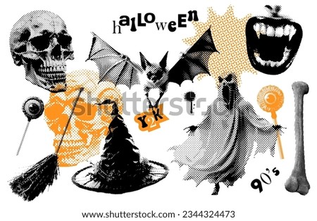 Set of halftone illustrations for Halloween decoration in retro offset style. Big collection with traditional elements - bat. skull. gost, zombie eye, witch's broom and hat. 90s vector illustration.