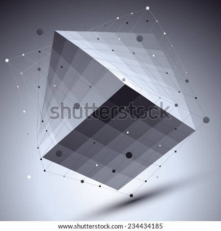 Abstract squared vector monochrome object with lines mesh over dark background, creative technology cube with grid imposed.