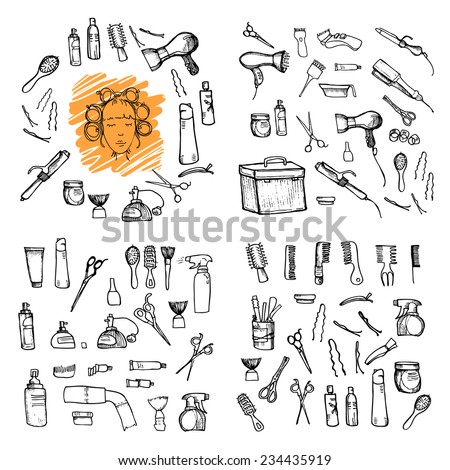 Hand drawn illustration - Hairdressing tools (scissors, combs, styling). Vector