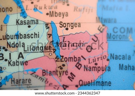 Lake Malawi on political map of globe, travel concept, selective focus, background
