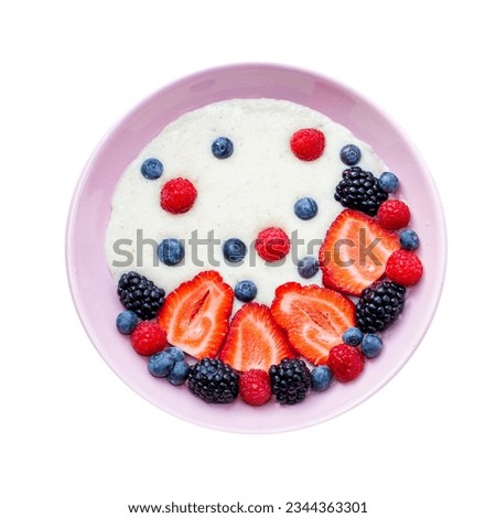 Greek yogurt bowl with fresh berries, strawberry, raspberry, blueberry isolated on white background, top view Royalty-Free Stock Photo #2344363301