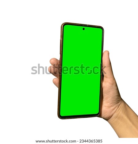 Woman use of smartphone with a green screen, and a chroma key. Female hand using green screen smartphone isolated on white background. UI UX