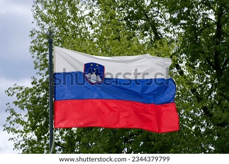 Close-up of white blue and red Slovenian flag waving at lakeshore of Lake Bled on a cloudy summer day. Photo taken August 8th, 2023, Bled, Slovenia.