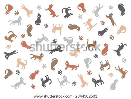 Cats pattern background illustration. Cats and cat footprints in various poses.