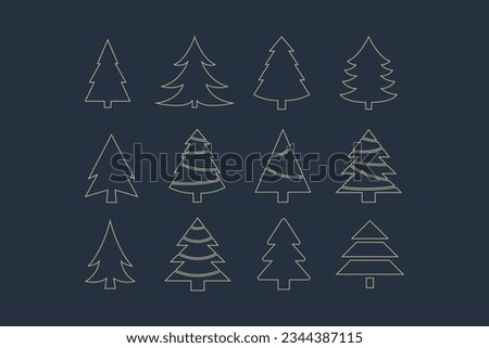Vintage Christmas tree icon collection. Christmas tree golden line icons. Vector illustration.