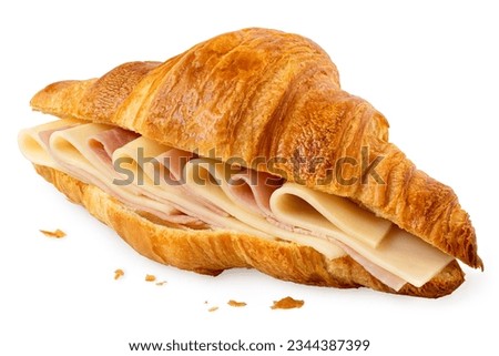 Ham and cheese croissant isolated on white. Crumbs. Royalty-Free Stock Photo #2344387399